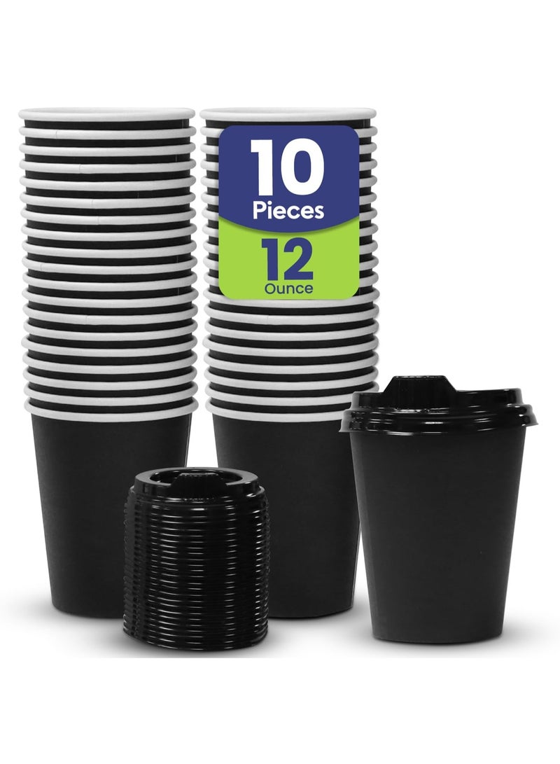 SNH Packing 12 oz (Pack of 10) Heavy Duty Disposable Coffee Paper Cup with Lid Black- Single Wall Disposable Cups with Lid for Cold & Hot Drinks - Ideal Coffee Cups Disposable for Cafes & Offices. - Image 1